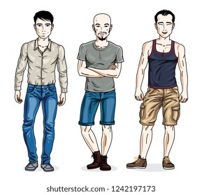 Confident handsome men posing wearing fashionable casual clothes. Vector people illustrations set.