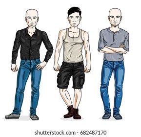 Confident handsome men posing wearing fashionable casual clothes. Vector people illustrations set. Lifestyle theme male characters.