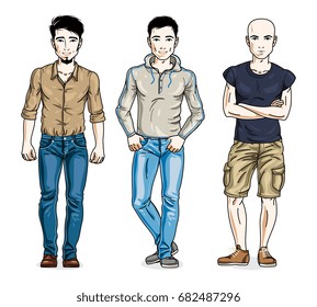 Confident handsome men posing wearing fashionable casual clothes. Vector people illustrations set.