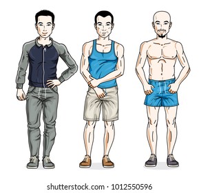 Confident handsome men standing in stylish sportswear, sportsman and fitness people. Vector diverse people illustrations set.