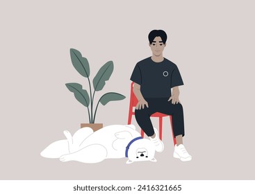 A confident and handsome young male character sits on a red chair, accompanied by a fluffy Samoyed dog lazily stretched out at his feet, the companionship between the owner and his content dog