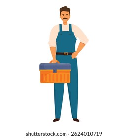 Confident handyman holding toolbox wearing overalls standing smiling