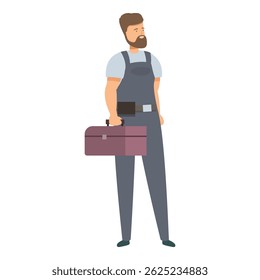 Confident handyman holding toolbox wearing overalls and smiling looking away