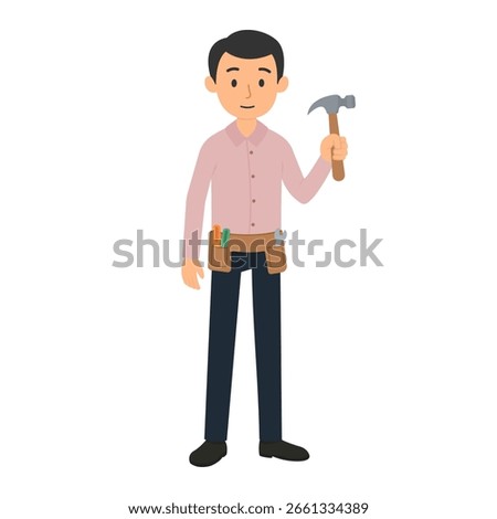 Confident handyman with toolbelt and hammer. Vector illustration for use in promotional materials, websites, or advertisements related to DIY projects, construction, or handyman services