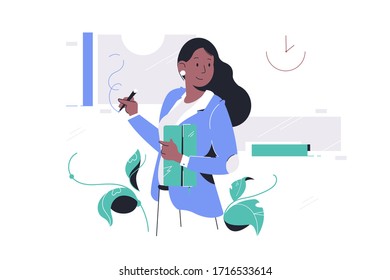 Confident Happy African American Businesswoman In Suit Drawing Using Pen Holding Clutch Bag. Concept Black Smiling Woman Character Mentor Presenting New Project At Meeting. Vector Illustration.