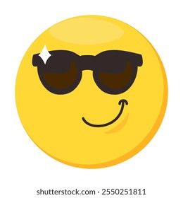 Confident, happy emoji facial expression. Colorful vector smiling emoticon in glasses icon. Funny sticker, social media mood character, emotion and feeling chat element