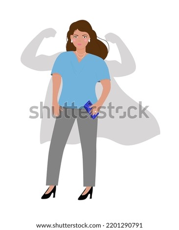 Confident, happy female character with shadow showing off her biceps. Strong woman concept. Metaphor for feminism and independence. A businesswoman holds a phone in her hand.