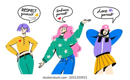 Mujeres seguras y felices con burbujas de habla establecidas. Independencia y frases con letras de amor propio. Ilustración de vector de colores planos aislados sobre fondo blanco