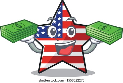 Confident happy usa star character holding money mascot