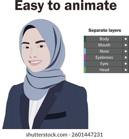 A confident, happy woman in a hijab smiles at work, embodying professionalism and personal style. This vector asset is easy to animate, ideal for diversity and inclusion content