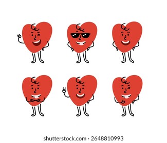 Personagem de coração confiante em óculos de sol, faz símbolo OK, polegares para cima, símbolo V, braços dobrados no peito. Mascote desenhado à mão bonito desenho animado com expressão facial diferente e postura do corpo. Traçado editável