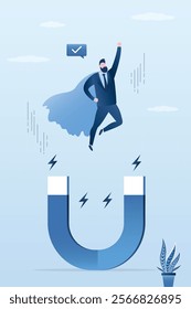 Confident hero, business man break free from magnetic attraction. Exit from the comfort zone, freedom of choice and action. The concept of escaping and discovering new ideas. flat vector illustration