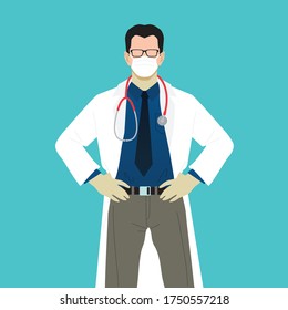 Confident hero doctor. Reliable doctor in glasses and medical mask standing in confident pose. Hands on waist. Male, man. Realistic stock vector flat illustration on isolated background EPS 10