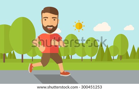 A confident hipster athlete getting ready for a running race. Contemporary style with pastel palette, soft blue tinted background with desaturated cloud. Vector flat design illustrations. Horizontal