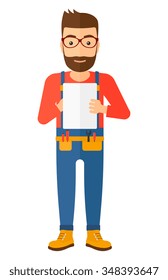 Confident  hipster builder with the beard making some notes in his tablet vector flat design illustration isolated on white background. Vertical layout.