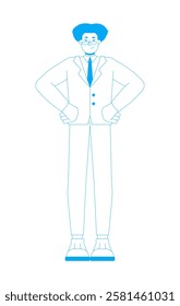 Confident hispanic man with glasses in formal suit 2D outline cartoon character. Businessman standing with hands on hips isolated person flat vector on white background. Spot illustration colorful