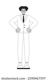 Confident hispanic man with glasses in formal suit black and white 2D line character. Businessman standing with hands on hips isolated vector outline person. Monochromatic spot illustration