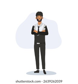 confident indian male professional in suit standing with arms crossed