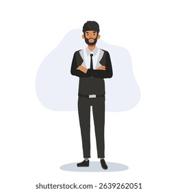 confident indian male professional in suit standing with arms crossed
