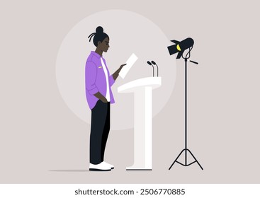 A confident individual reads from a paper while standing at a podium, focused under the spotlight and preparing to engage an audience