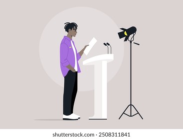 A confident individual reads from a paper while standing at a podium, focused under the spotlight and preparing to engage an audience