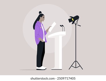 A confident individual reads from a paper while standing at a podium, focused under the spotlight and preparing to engage an audience