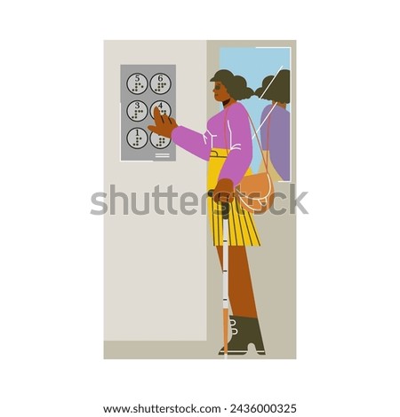 A confident individual with a white cane using a braille elevator panel, depicted in a vector illustration focusing on accessibility