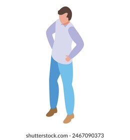 Confident isometric businessman standing in a casual pose with hands on hips, wearing modern and relaxed workwear in a minimalist office setting