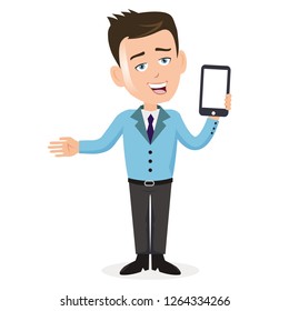 Confident Joyful Businessman salesman worker manager ceo presenting holding a smartphone mobile phone blank empty template