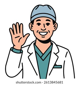 A confident and kind-hearted surgeon in scrubs, smiling warmly, ready to help patients with care and precision
