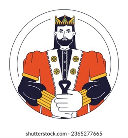 El rey de confianza en el carácter vector de color de la corona dorada de línea plana. Hombre con barba sosteniendo la espada. Monarca. Medio cuerpo del contorno editable persona en blanco. Ilustración simple de dibujos animados para el diseño gráfico web