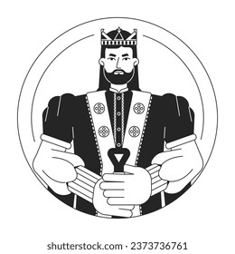 El rey de confianza en la corona dorada línea plana de carácter vector blanco negro. Hombre con barba sosteniendo la espada. Media persona del cuerpo del contorno editable. Ilustración puntual simple de dibujos animados aislados para el diseño gráfico web