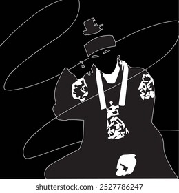 Confident king in korean crown and hanbok outfit black and white vector character. Editable full body outline