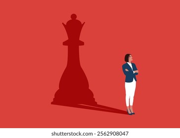 Confident lady dreams of becoming a chess queen. Intellectual game, strategy, politics. Confident handsome young girl standing superhero shadow concept illustration.