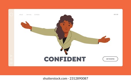 Confident Landing Page Template. African American Woman Gazes Upwards With Arms Outstretched, Embracing The Vastness Of The World, Top View. Smiling Female Character Cartoon People Vector Illustration