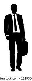 Confident leader standing. Businessman go to work vector silhouette illustration. Handsome man in suite with suitcase. Standing casual pose. Lawyer man walking. Young yuppie lawyer. Secret agent.