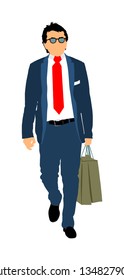 Confident leader standing. Elegant businessman go to work vector illustration. Handsome senior man in suite with shopping bags. Standing casual pose. Lawyer man walking. Mature yuppie. Secret agent.
