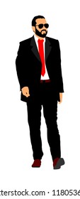 Confident leader walking. Businessman on work vector illustration. Handsome business man in suit in office. Elegant manager.  Bodyguard watching environment, observe, care for president's security.