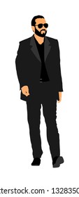 Confident leader walking. Businessman on work vector illustration. Handsome business man in suit in office. Elegant manager.  Bodyguard watching environment, observe, care for president's security.