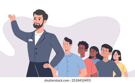Confident Leadership Illustration: Guiding Diverse Team with Vision and Trust. 
