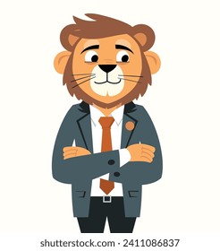 Confident lion character in a suit with a tie, standing arms crossed. Professional businessman, leadership, corporate mascot vector illustration.