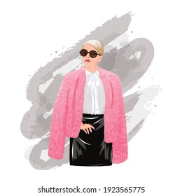 Confident looking stylish fashion female in pink fur coat. Modern career woman. vector design