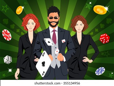 Confident lucky man surrounded by beautiful women throws aces. Design concept for gambling luck ans successful play. Use for print products, page and web decor or other design.