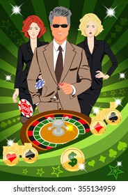 Confident lucky man surrounded by beautiful women throws chips while spinning roulete. Design concept for gambling luck ans successful play. Use for print products, page and web decor or other design.