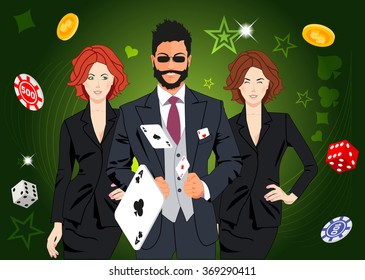 Confident lucky man surrounded by beautiful women throws aces. Design concept for gambling luck and successful play. Use for print products, page and web decor or other design.