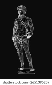 A confident male archer stands with hands on hips in a striking black and white line art style. The minimalist drawing features clean outlines against a solid black background.