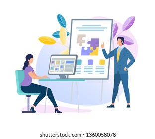 Confident Male Business Coach Character Making Presentation Pointing on Flip Board with Puzzle Pieces for Freelance Young Woman Sitting on Chair at Desk with Computer. Cartoon Flat Vector Illustration