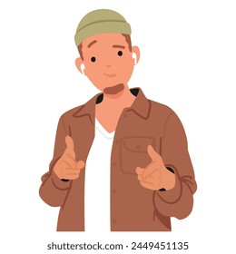 Confident Male Character in Hipster Clothes with Extended Index Fingers, Directs Toward The Viewer, Conveying Assertiveness And Engagement With A Simple Gesture. Cartoon People Vector Illustration