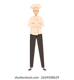 Confident male chef smiling and standing with arms crossed wearing uniform and hat
