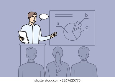 Un entrenador masculino de confianza hace una presentación de negocios para la audiencia en la conferencia. Un hombre de negocios sonriente presenta un diagrama o gráfico en el seminario. Ilustración vectorial. 